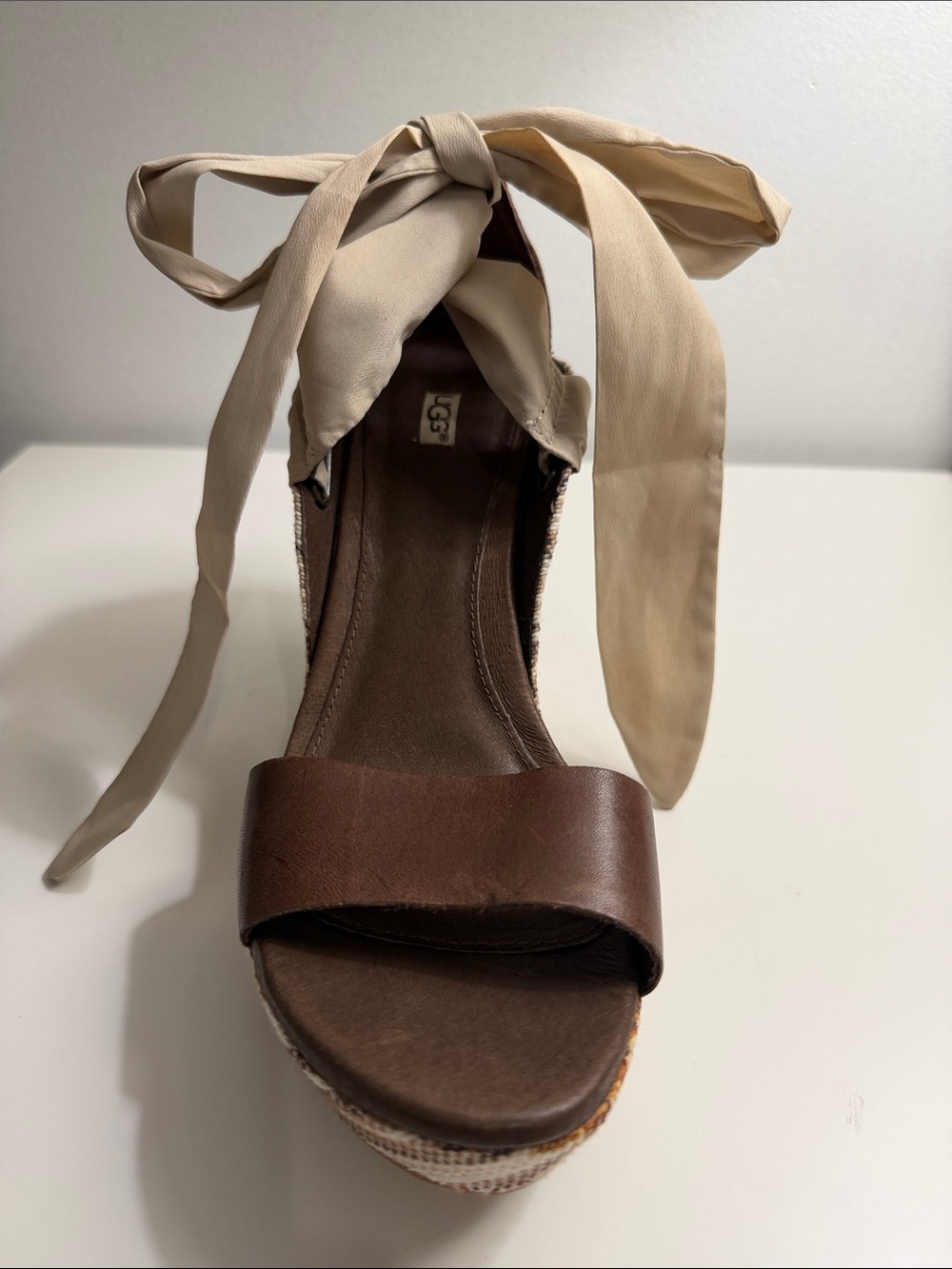 UGG Brown Leather Wedge Sandals with Cream Ankle Wraps 8.5